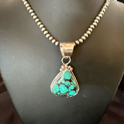 Men's Spiderweb Turquoise Pendant | Navajo Pearls Sterling Silver Necklace | Authentic Native American Handmade | 17068
