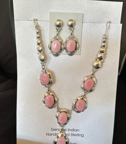 Navajo Pink Conch Choker Necklace | Sterling Silver Pendant 18" | Earrings Set | Authentic Native American Handmade