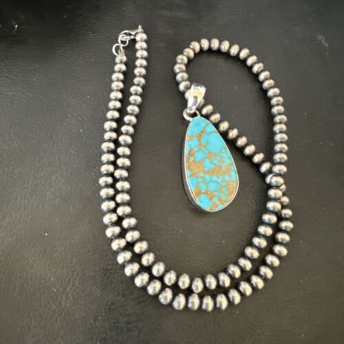 Navajo Blue Kingman Turquoise Pendant Necklace | Sterling Silver Pearls | 20" | Authentic Native American Handmade | 16673