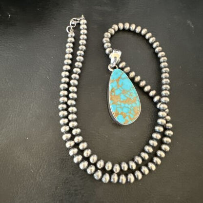 Navajo Blue Kingman Turquoise Pendant Necklace | Sterling Silver Pearls | 20" | Authentic Native American Handmade | 16673