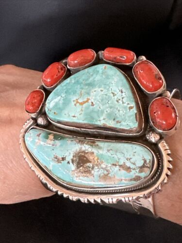 Navajo Green Royston Turquoise Coral Cuff Bracelet | Sterling Silver | Authentic Native American Handmade | 15309