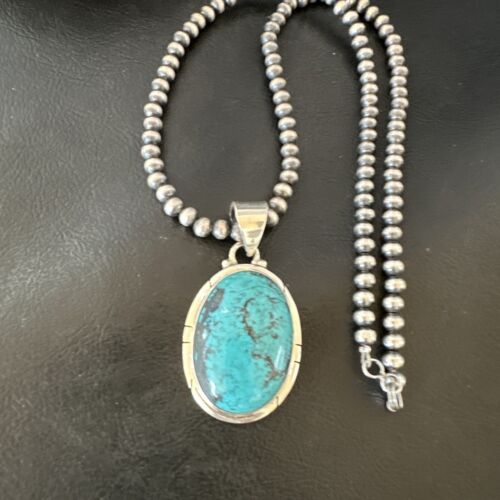 Men's Navajo Blue Spiderweb Turquoise Pendant Necklace | Sterling Silver | Authentic Native American Handmade | 16226