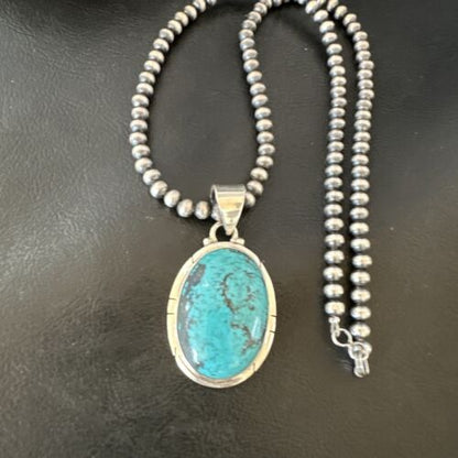 Men's Navajo Blue Spiderweb Turquoise Pendant Necklace | Sterling Silver | Authentic Native American Handmade | 16226