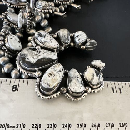 Navajo White Buffalo Turquoise Pendant | Sterling Silver Naja Squash Blossom Necklace | 17442