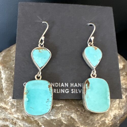 Navajo Blue Kingman Turquoise Dangle Earrings | Sterling Silver | Authentic Native American Handmade | 15116