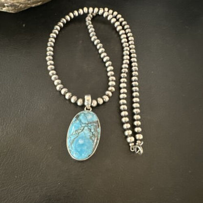Navajo Blue Spiderweb Turquoise Pendant Necklace | Sterling Silver | Authentic Native American Handmade | 17024