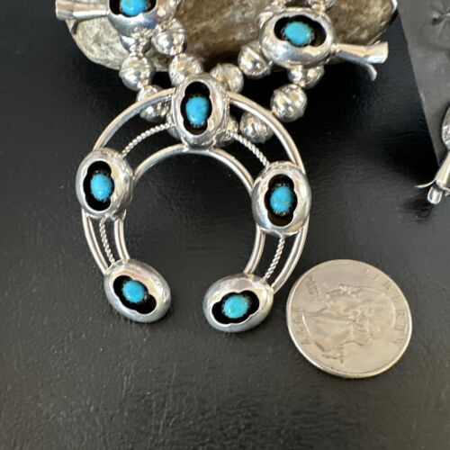 Navajo Kingman Turquoise Shadowbox Squash Blossom Necklace | Sterling Silver | Authentic Native American Handmade | 16089