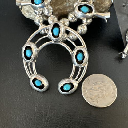 Navajo Kingman Turquoise Shadowbox Squash Blossom Necklace | Sterling Silver | 16090