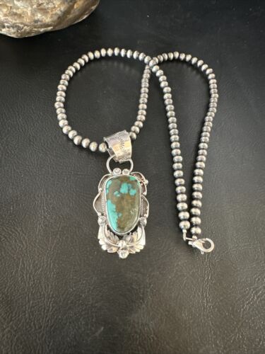 Navajo Blue Spiderweb Turquoise Pendant Necklace | Sterling Silver Pearls | Authentic Native American Handmade | 15095 - Masha USA