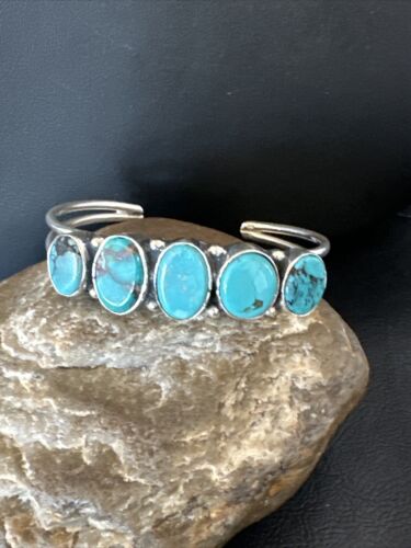 Navajo Blue Arizona Turquoise Cuff Bracelet | Sterling Silver | 5 Stone | Authentic Native American Handmade | 16277