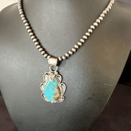 Men's Blue Kingman Turquoise Pendant Necklace | Navajo Pearls | Sterling Silver | 16022