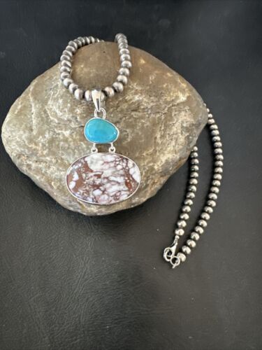 Navajo Wild Horse Blue Kingman Turquoise Necklace | Sterling Silver | Authentic Native American Handmade | 17308