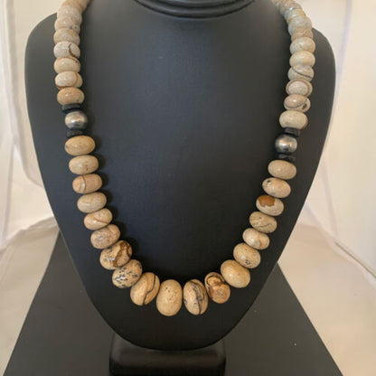 Native American Women's Graduated Picture Jasper & Onyx Necklace | Sterling Silver 26" | 1767
