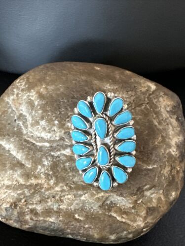 Navajo Blue Turquoise Cluster Ring | Authentic Native American Sterling Silver | Multi-Stone | Sz 8 | 14909