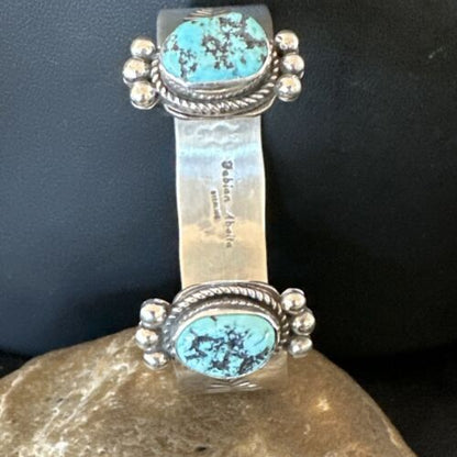 Kingman Turquoise Stamped Cuff Bracelet | Navajo Sterling Silver | Authentic Native American Handmade | 17461