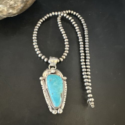 Navajo Kingman Turquoise Pendant Necklace | Sterling Silver | Native American Handmade | 15216 - Masha USA