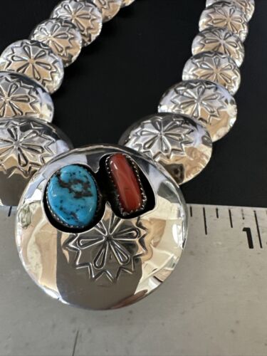 Navajo Coral Turquoise Necklace | Graduated Sterling Silver Pillow Stamped | 15636