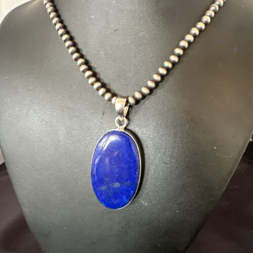 Navajo Blue Lapis Pendant with Pearls | Sterling Silver Necklace | 20" | Authentic Native American Handmade | 16910