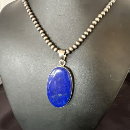 Navajo Blue Lapis Pendant with Pearls | Sterling Silver Necklace | 20" | Authentic Native American Handmade | 16910