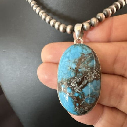 Navajo Blue Spiderweb Turquoise Pendant Necklace | Sterling Silver | Authentic Native American Handmade | 17017