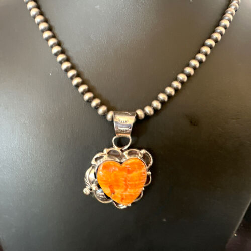 Navajo Orange Spiny Oyster Heart Pendant Necklace | Sterling Silver | Authentic Native American Handmade | 16447
