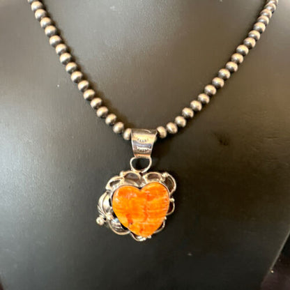 Navajo Orange Spiny Oyster Heart Pendant Necklace | Sterling Silver | Authentic Native American Handmade | 16447