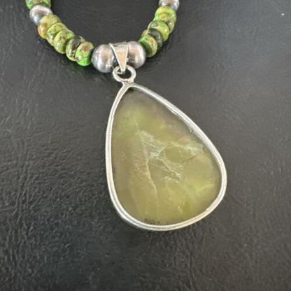 Navajo Green Turquoise Pendant Necklace | Sterling Silver | Authentic Native American Handmade | 16916