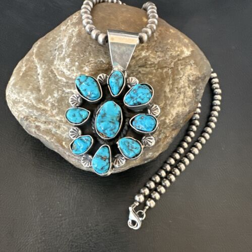 Navajo Blue Kingman Turquoise Cluster Pendant | Sterling Silver | 2" | Authentic Native American Handmade | 17418