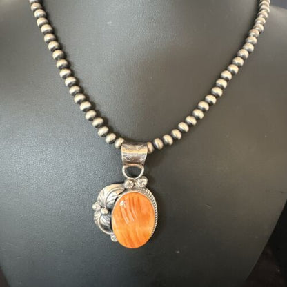 Navajo Orange Spiny Oyster Pendant Necklace | Sterling Silver | Authentic Native American Handmade | 15630