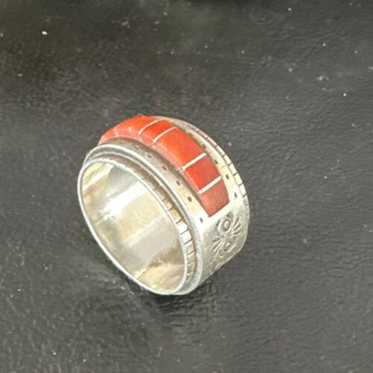 Navajo Coral Inlay Ring | Sterling Silver | Sz 11 | Authentic Native American Handmade | 15912