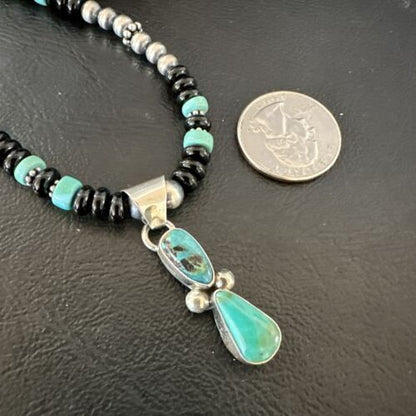 Navajo Men's Blue Turquoise Pendant with Pearls | Sterling Silver Onyx Necklace | Native American Handmade | 13203