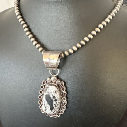 Men's White Buffalo Turquoise Pendant | Navajo Pearl Sterling Silver Necklace | Authentic Native American | 17038