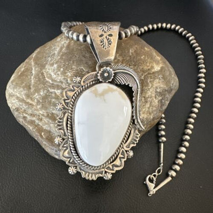 Navajo White Buffalo Turquoise Pendant Necklace | Sterling Silver | Authentic Native American Handmade | 15618