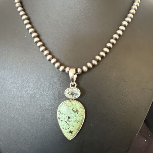 Navajo Dry Creek Turquoise Topaz Pendant Necklace | Sterling Silver | Authentic Native American Handmade | 16445