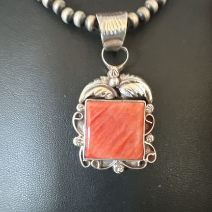 Navajo Red Spiny Oyster Pendant Necklace | Sterling Silver | Authentic Native American Handmade | 16143