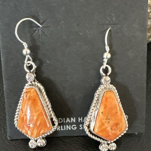 Navajo Orange Spiny Oyster Dangle Earrings | Sterling Silver | Authentic Native American Handmade | 17273