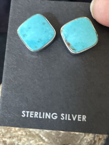 Navajo Blue Kingman Turquoise Post Stud Earrings | Sterling Silver | Authentic Native American Handmade | 17409