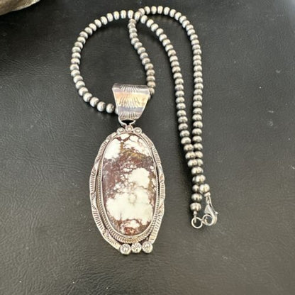 Navajo Wild Horse Turquoise Pendant Necklace | Sterling Silver | Authentic Native American Handmade | 17114