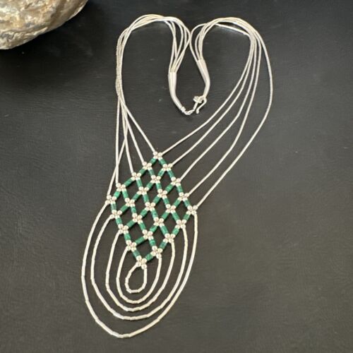 Crisscross Green Malachite Heishi Necklace | 5 Strand Liquid Sterling Silver | 22" | 15884