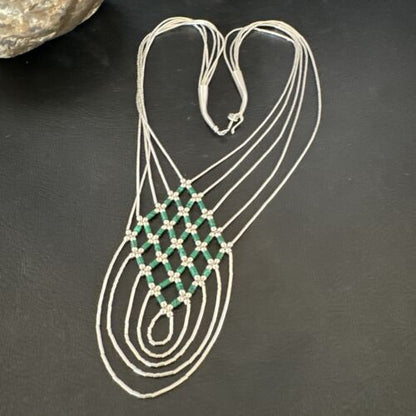 Crisscross Green Malachite Heishi Necklace | 5 Strand Liquid Sterling Silver | 22" | 15884