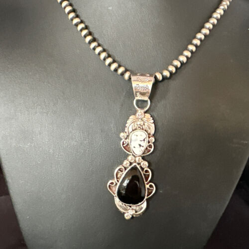 Navajo White Buffalo Turquoise & Onyx Pendant Necklace | Sterling Silver | Multi-Stone | 15315
