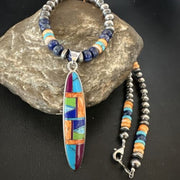 Navajo Spiny Oyster Turquoise Lapis Inlay Pendant Necklace | Sterling Silver | 21" | Authentic Native American Handmade | 16766