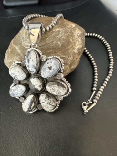 XL Cluster Navajo White Buffalo Turquoise Sterling Necklace Pendant | Multi-Stone | 14897