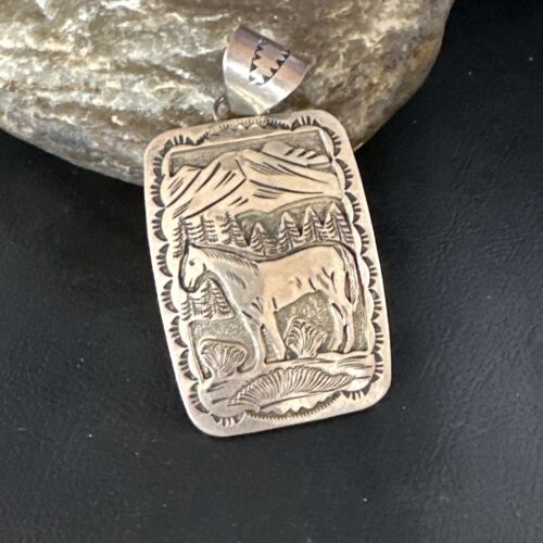 Navajo Stamped Horse Pendant Necklace | Sterling Silver | 2.5" | Authentic Native American Handmade | 15171