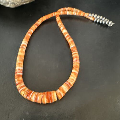 Navajo Graduated Orange Spiny Oyster Necklace | Sterling Silver | Authentic Native American | 18" | 16264