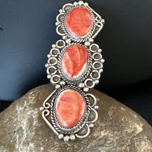 Navajo Red Spiny Oyster Cluster Ring | Authentic Native American Sterling Silver | Multi-Stone | Sz 8 | 16328