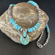 Navajo Blue Turquoise Inlay Pendant | Sterling Silver Necklace | Authentic Native American Handmade | 15423