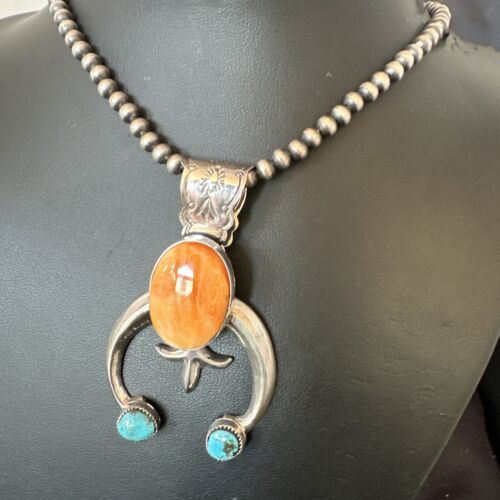 Navajo Blue Turquoise Orange Spiny Oyster Naja Pendant | Sterling Silver | Native American Handmade | 16410