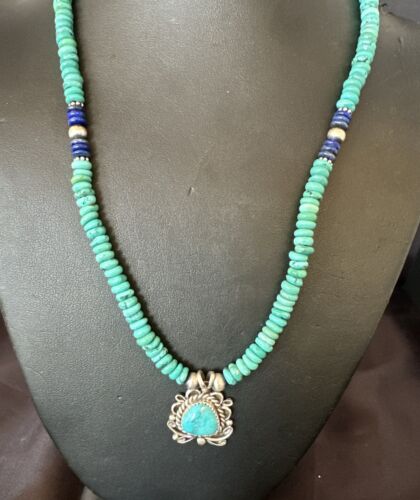 Blue Turquoise Pendant | Navajo Pearls Lapis | Sterling Silver Necklace 21" | 17539