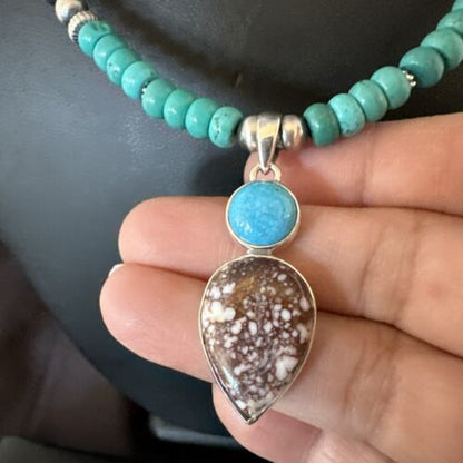 Navajo Wild Horse | Blue Kingman Turquoise Pendant Necklace | Sterling Silver | Authentic Native American Handmade | 17577